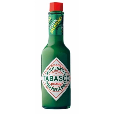 Garrafa verde de molho de pimenta Tabasco com rótulo branco