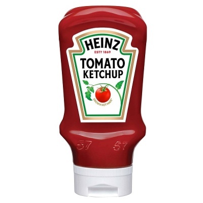 Garrafa de ketchup Heinz com rótulo branco e tomate