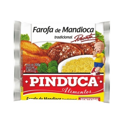 Embalagem branca e vermelha de Farofa de Mandioca Pinduca com comida e criança desenhada