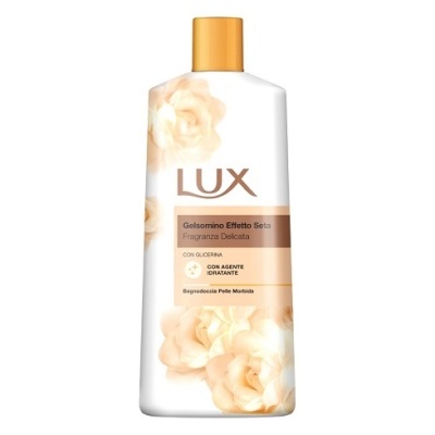 Frasco branco de gel de banho Lux com flores creme e tampa laranja