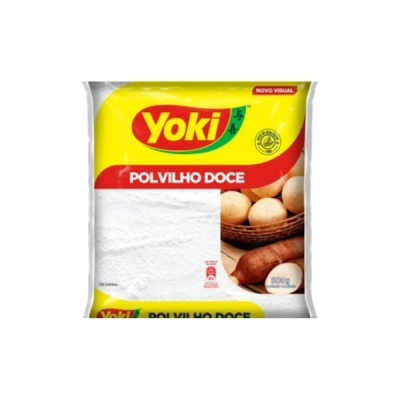 Embalagem de polvilho doce Yoki com imagem de pães e design colorido