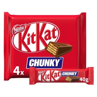 Pacote de bolachas KitKat Chunky com embalagem vermelha e imagem de pedaço de chocolate