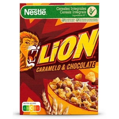 Caixa de cereais Nestlé Lion Caramelo & Chocolate com tigela de cereal crocante e pedaços de chocolate