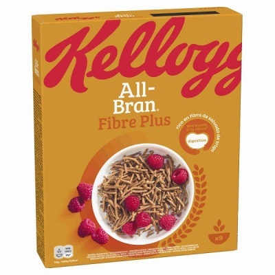 Caixa de cereais Kellogg's All-Bran Fibre Plus com prato de cereais e framboesas