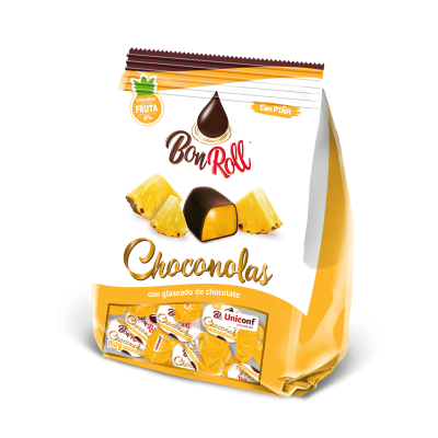 Pacote de Bon Roll Choconolas com pedaços de ananás e cobertos de chocolate