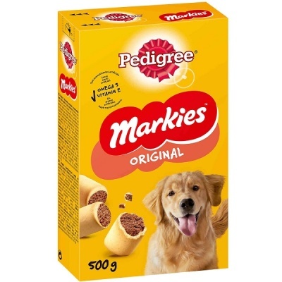 Embalagem amarela de snacks para cães Pedigree Markies Original com imagem de cão