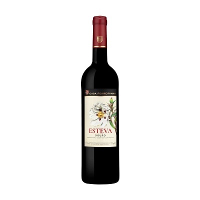 Garrafa de vinho tinto Esteva Douro com rótulo floral e cápsula vermelha