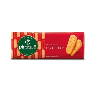 Embalagem vermelha de biscoitos doce maizena Piraquê com dois biscoitos amarelos visíveis