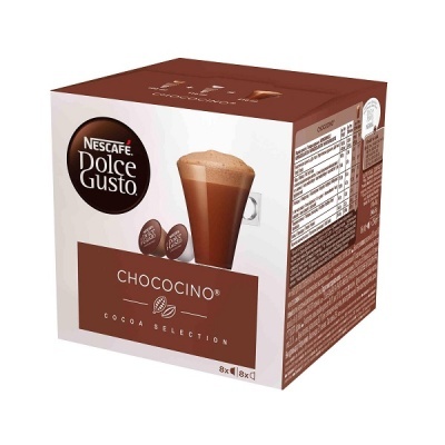Caixa de cápsulas Nescafé Dolce Gusto Chococino câmbio branco e castanho com imagem de bebida de cacau