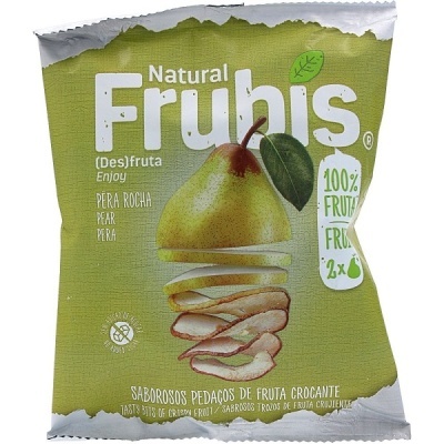 Pacote de snacks de fruta natural Fruhis com pêra e pedaços crocantes