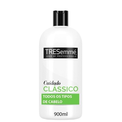 Frasco branco de produto capilar TRESemmé com tampa preta e texto em português.