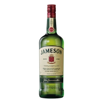 Garrafa verde de Jameson Irish Whiskey com rótulo creme e tampa vermelha