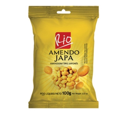 Pacote amarelo de amendoins tipo japonês da marca Rio com texto e imagens de amendoins