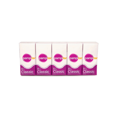 Pack de cinco unidades de lenços de papel Pampilar Classic em embalagens brancas e roxas