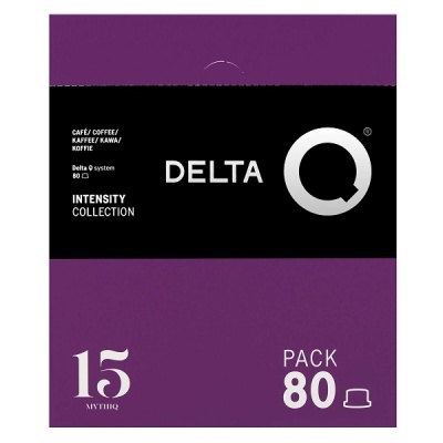 Embalagem roxa e preta de cápsulas de café Delta Q com texto branco