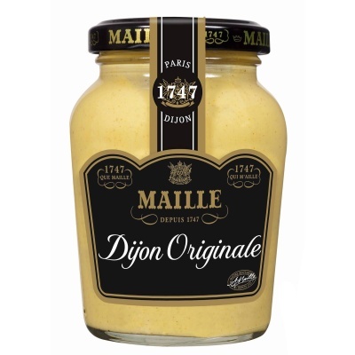 Frasco de mostarda Dijon Maille Originale com rótulo preto e dourado