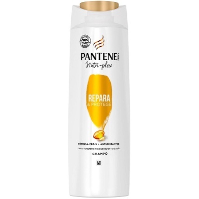 Frasco branco de champô Pantene Pro-V Nutri-plex com tampa dourada e texto reparador