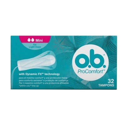 Embalagem azul de tampões o.b. ProComfort Mini com texto e imagem de tampão