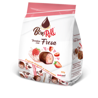 Pacote branco e rosa de bombons Bon Roll com morango