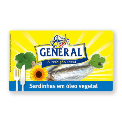 Lata de sardinhas GENERAL em óleo vegetal com design amarelo e azul