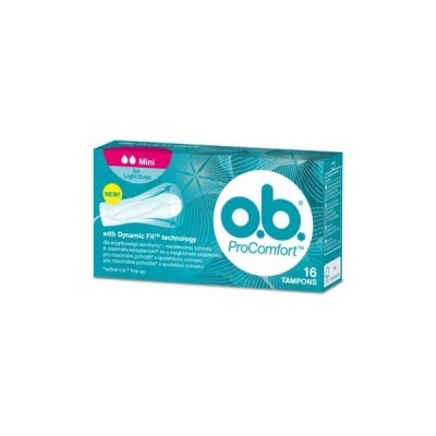 Embalagem azul e verde de tampões o.b. ProComfort Mini com 16 unidades