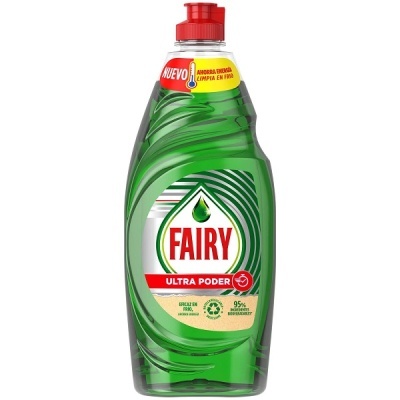 Frasco de detergente líquido Fairy Ultra Poder verde com tampa vermelha e rótulo colorido