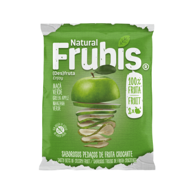 Pacote verde de Frubis Natural com maçã verde e texto 100% fruta