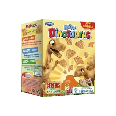 Pacote amarelo claro de cereais Mini Dinosaurus com dinossauros e texto em português