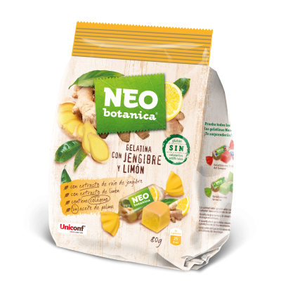 Pacote branco de gelatina Neo Botanica com gengibre e limão, 80g