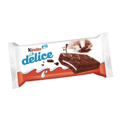 Barra de chocolate Kinder delice com embalagem branca e vermelha