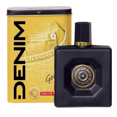 Frasco de perfume preto e caixa amarela com bolso de ganga e texto Denim.