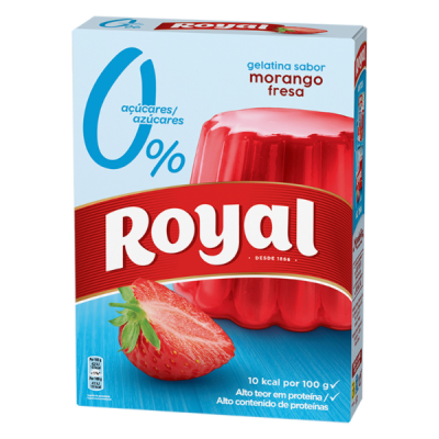 Embalagem de gelatina Royal sabor morango com texto 0% açúcares e valor nutricional