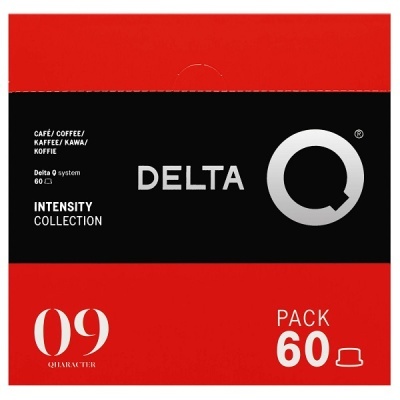 Embalagem de café Delta Q Intensity Collection vermelha e preta com texto branco, 60 cápsulas, intensidade 09.