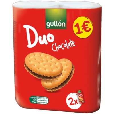 Embalagem vermelha de bolachas Duo Chocolate gullón com imagem de bolachas e indicação de preço 1€