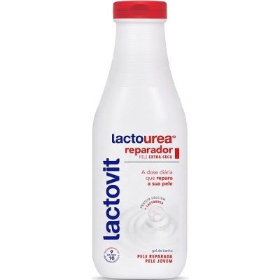 Frasco branco com tampa vermelha de gel de banho Lactovit Lactourea Reparador