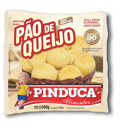Pacote de mistura para Pão de Queijo Pinduca com imagem de pães de queijo e personagem animada