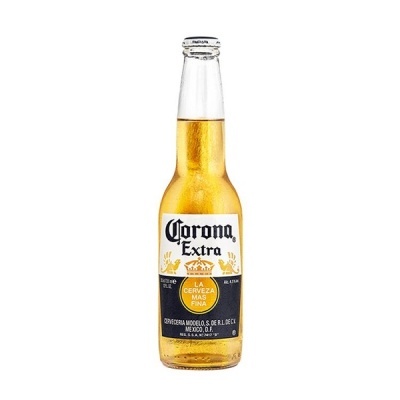 Garrafas de cerveja Corona Extra com rótulo branco e texto em preto e amarelo.
