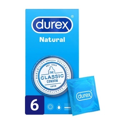 Embalagem azul de preservativos Durex Natural com preservativo azul individual