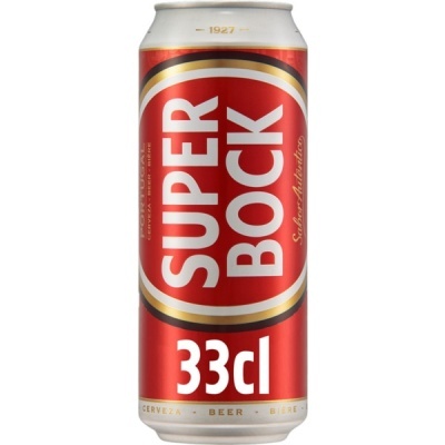 Lata de cerveja Super Bock 33cl em vermelho, branco e dourado