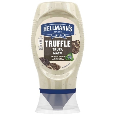 Frasco de maionese Hellmann's trufa com rótulo branco e azul e imagens de trufas
