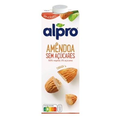 Embalagem de bebida vegetal Alpro Amêndoa Sem Açúcares com amêndoas e selo Nutri-Score.