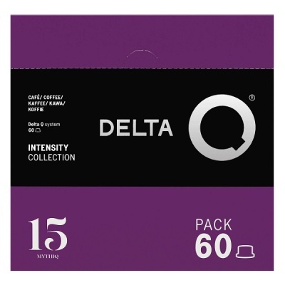 Embalagem roxa e preta de cápsulas de café Delta Q com 60 cápsulas e intensidade 15