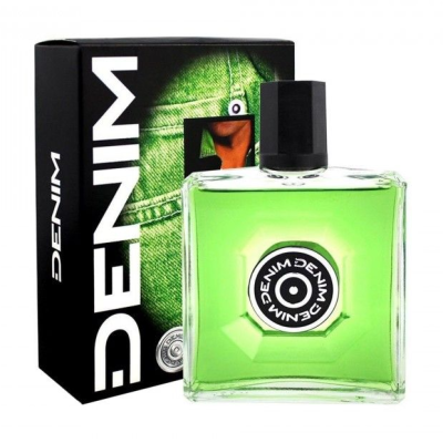 Frasco de perfume verde com caixa preta e texto DENIM