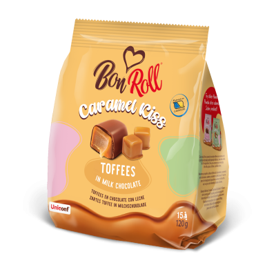 Pacote de doces Bon Roll Caramel Kiss em embalagem castanha clara
