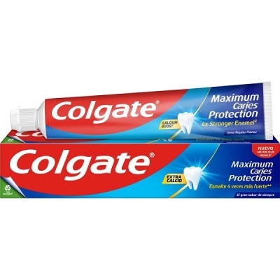 Creme dentífrico Colgate Maximum Caries Protection embalagem vermelha e azul com dente brilhante