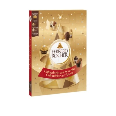 Caixa dourada de calendário do advento Ferrero Rocher com portas numeradas