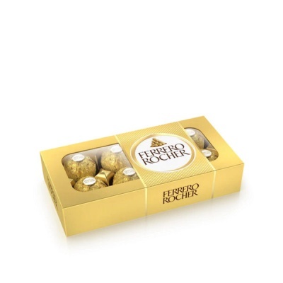 Caixa dourada de chocolates Ferrero Rocher embrulhados em papel dourado