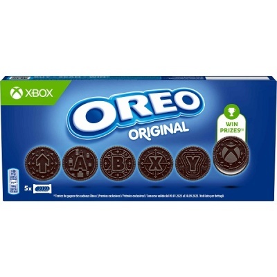 Caixa azul de bolachas Oreo Original com decoração Xbox