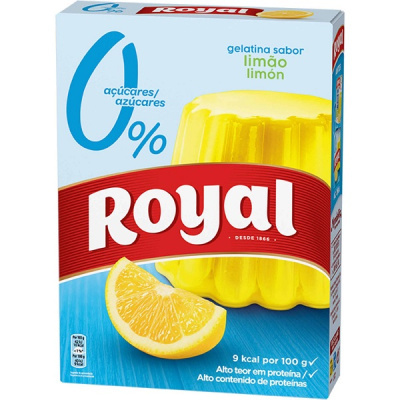 Embalagem de gelatina Royal sabor limão com texto 0% açúcares e informações nutricionais.