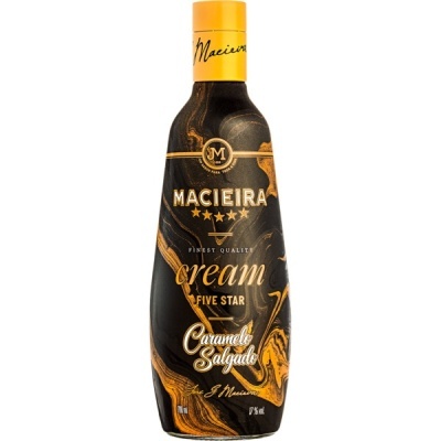Garrafa preta e amarela de bebida Macieira com texto 'cream FIVE STAR Caramelo Salgado'